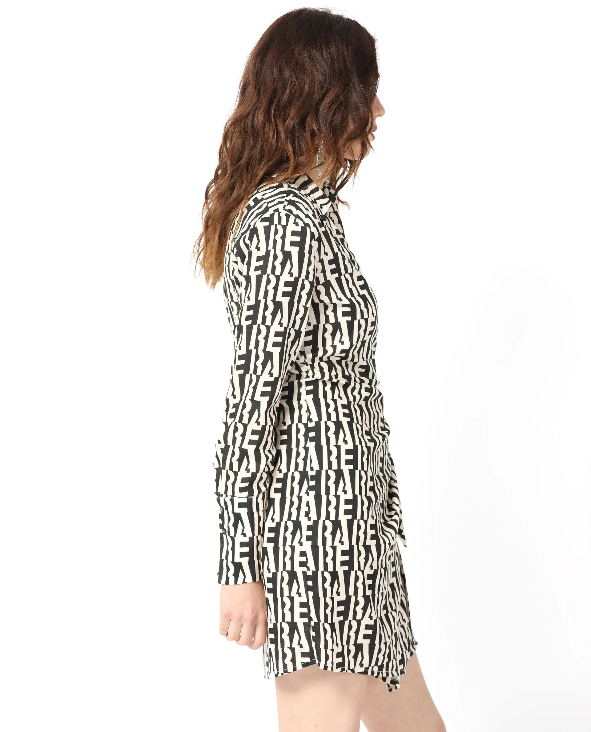 Rareism Women Sent Off White Abstract Print V Wrap Neck Full Sleeves With Pockets Wrap Mini Dress