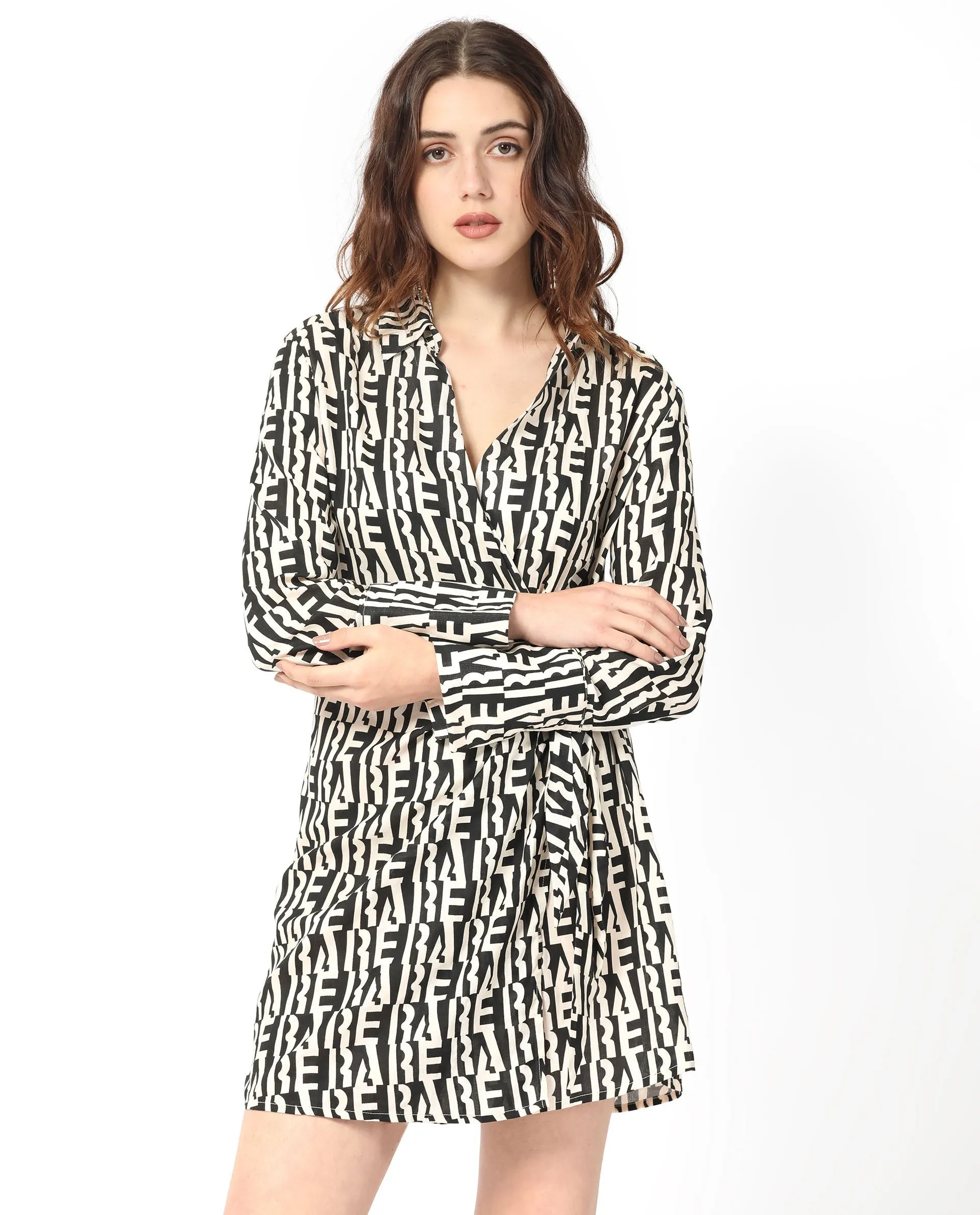 Rareism Women Sent Off White Abstract Print V Wrap Neck Full Sleeves With Pockets Wrap Mini Dress