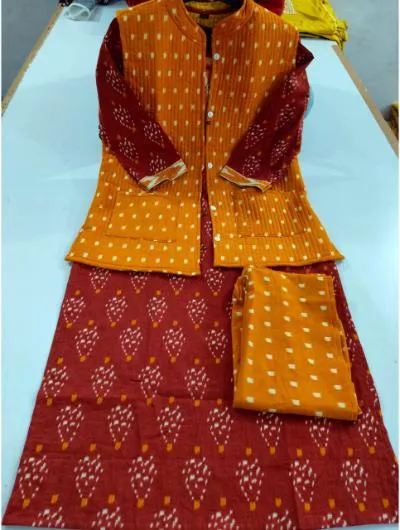 Red Cotton Kurti, Pant and Quilted Cotton jacket (Set of 3)