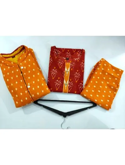 Red Cotton Kurti, Pant and Quilted Cotton jacket (Set of 3)