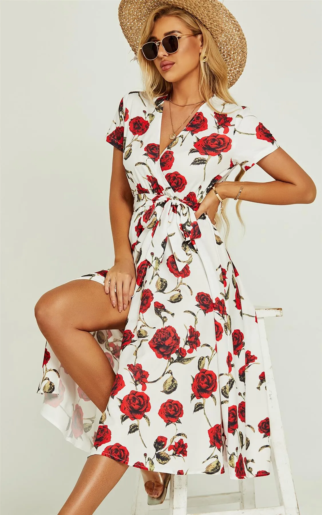 Red Floral Print High Waist Wrap Midi Dress In White