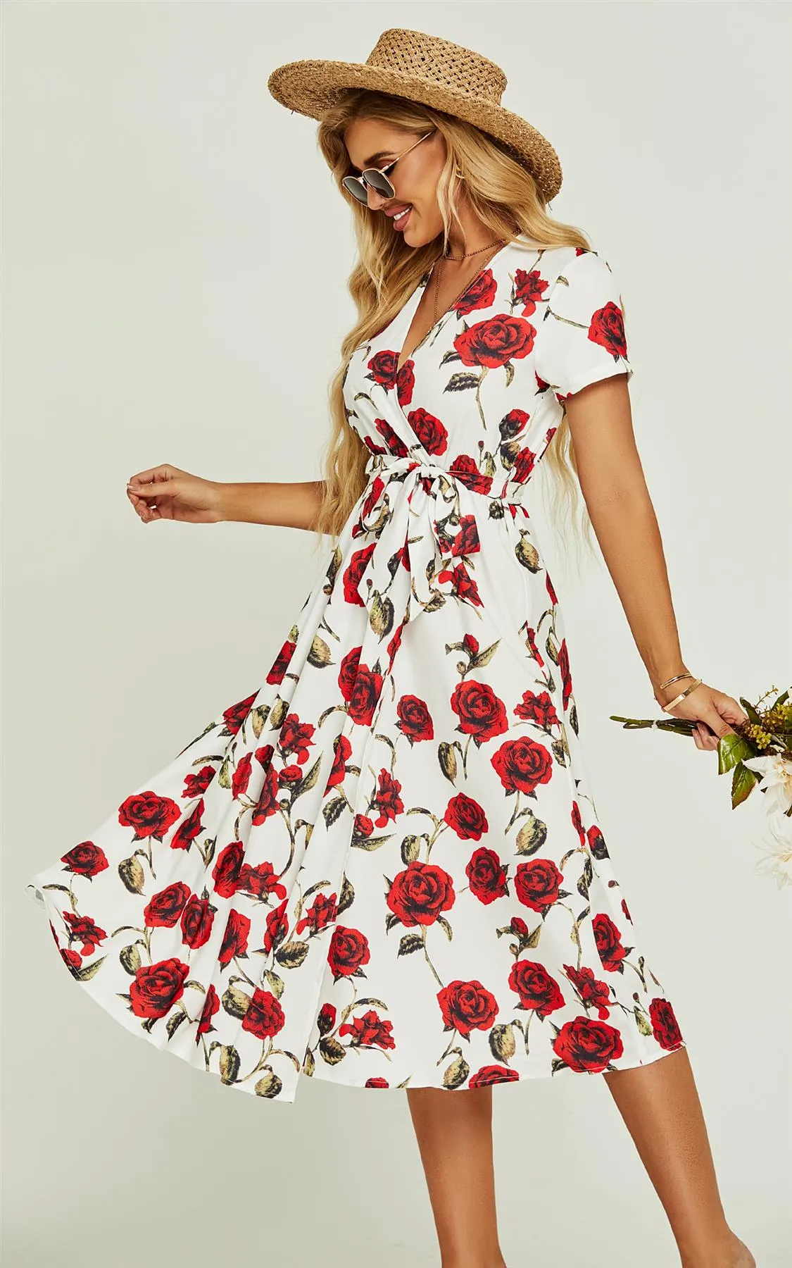 Red Floral Print High Waist Wrap Midi Dress In White