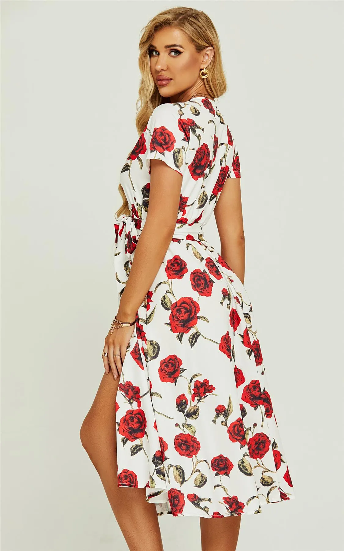 Red Floral Print High Waist Wrap Midi Dress In White