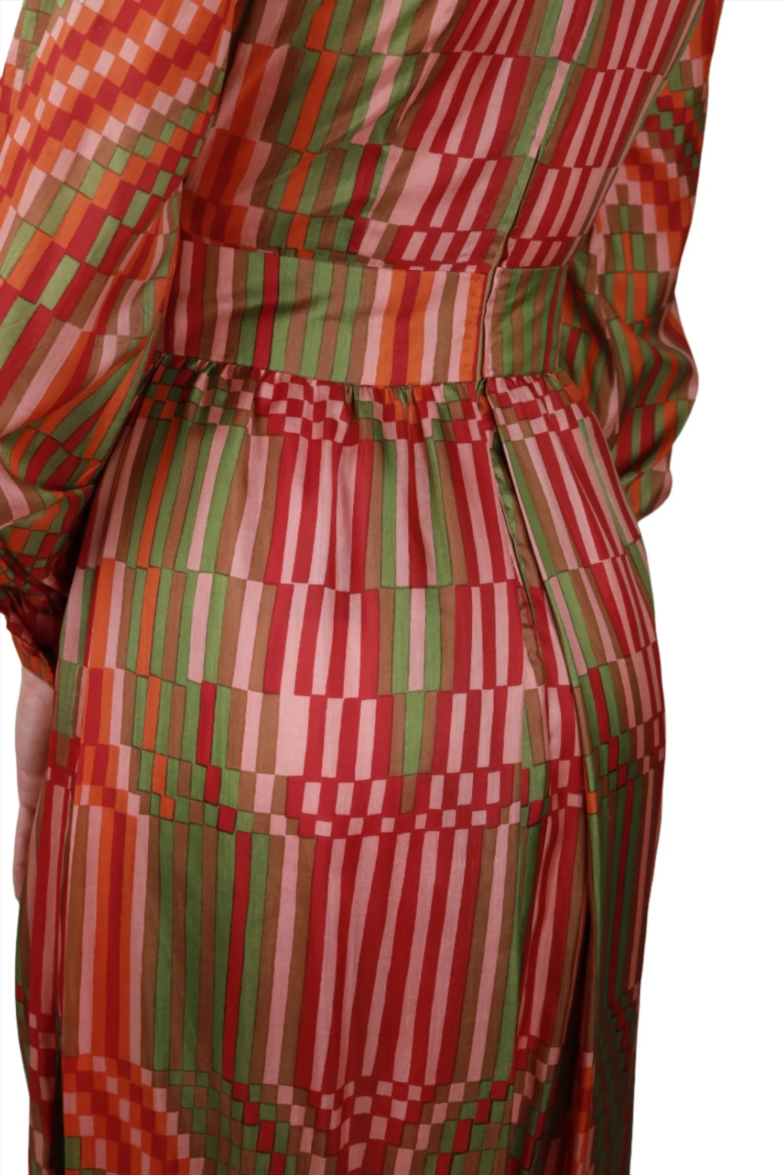 Red Silk Geometric Peasant Dress 1960s