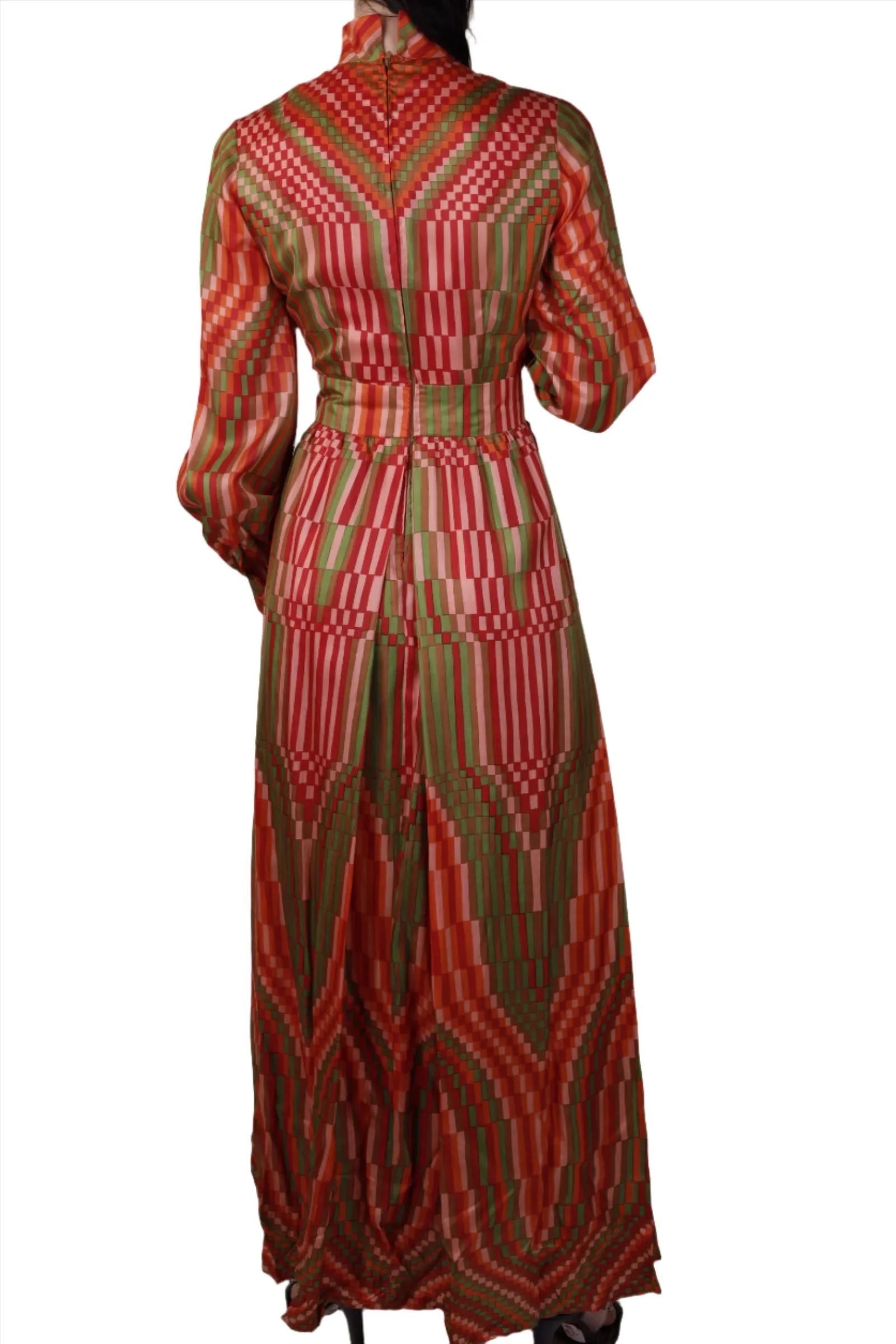 Red Silk Geometric Peasant Dress 1960s