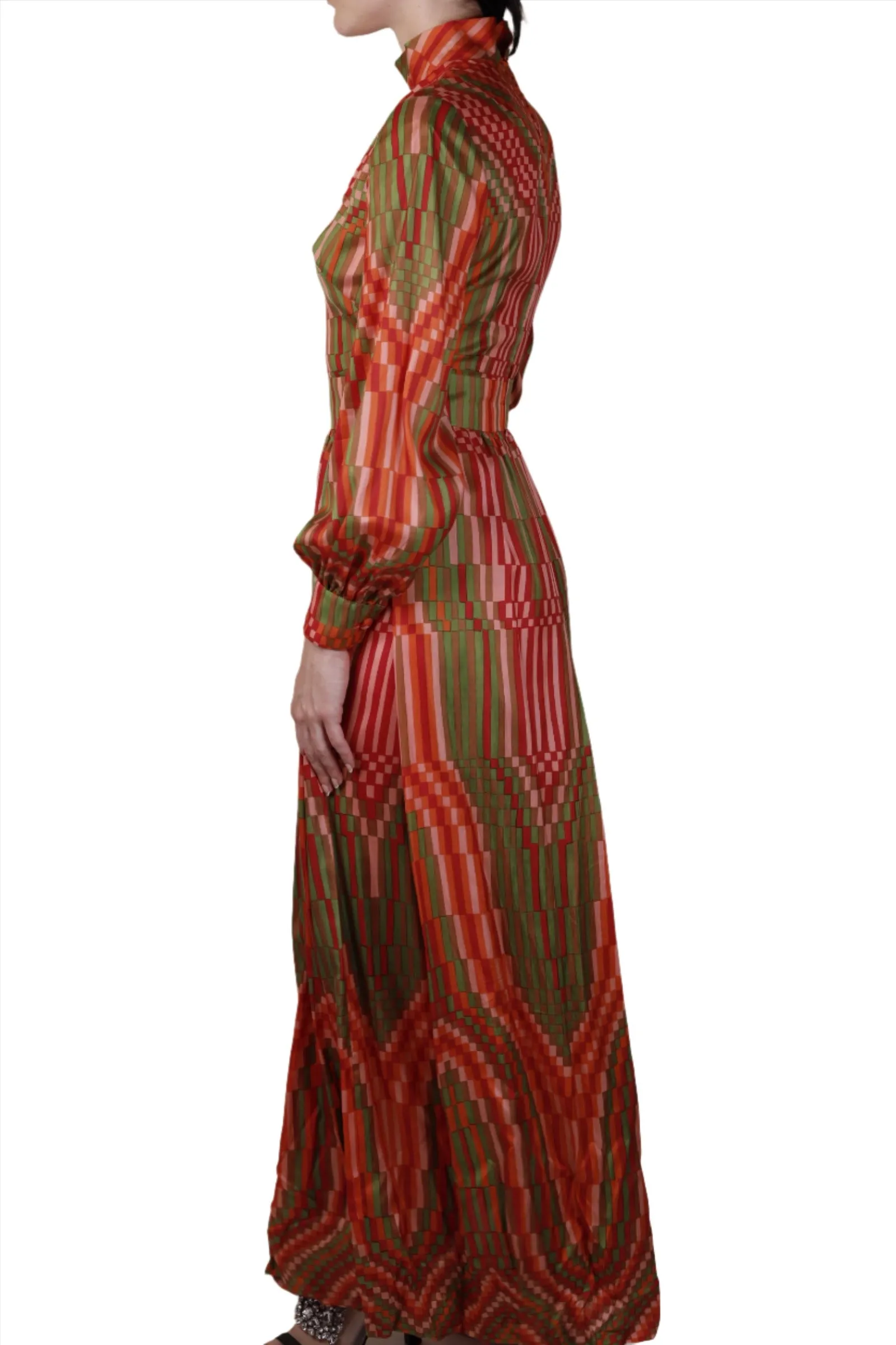 Red Silk Geometric Peasant Dress 1960s