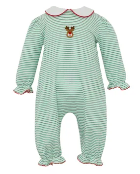 Reindeer Face Knit Ruffle Romper- Green Stripe