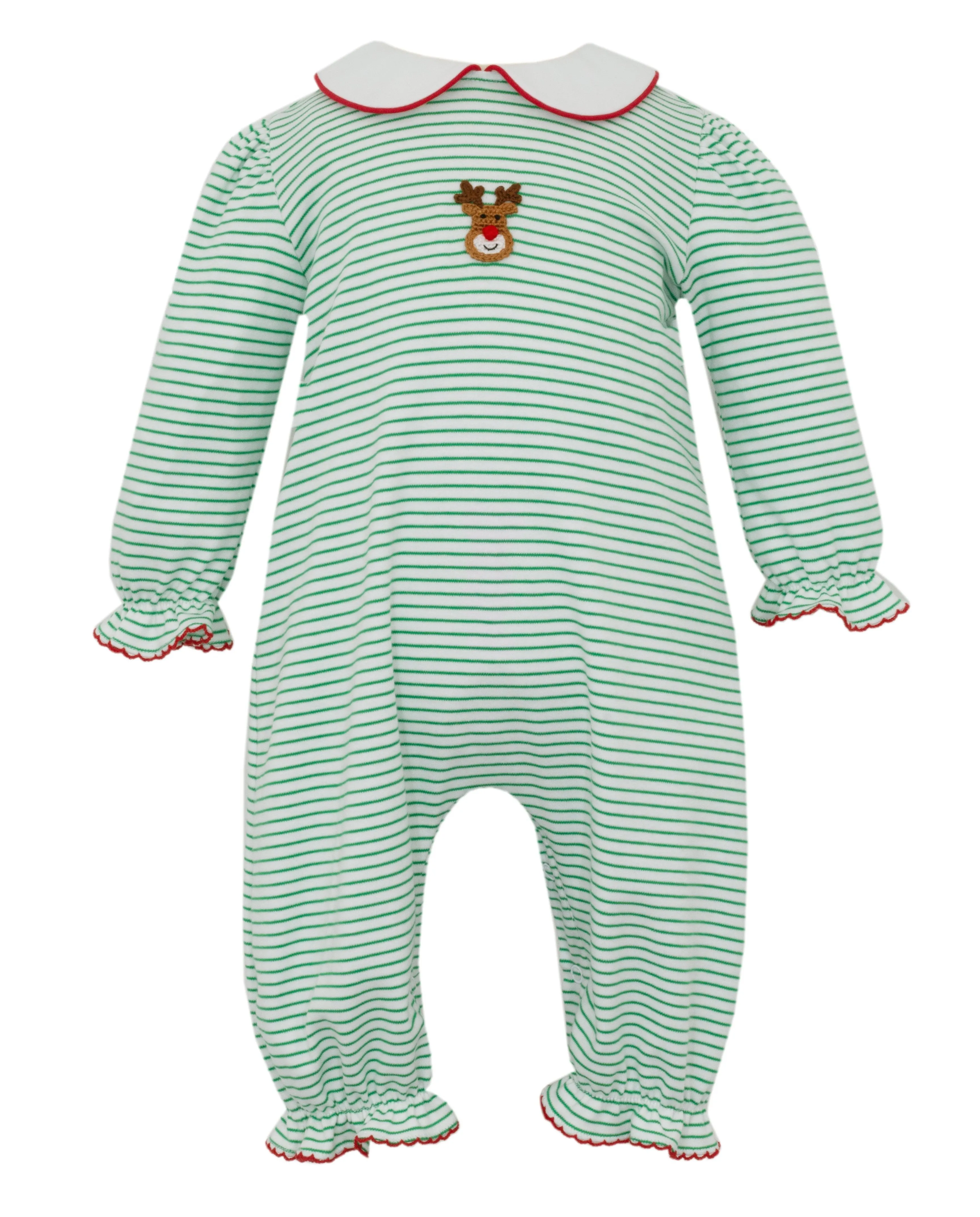 Reindeer Face Knit Ruffle Romper- Green Stripe