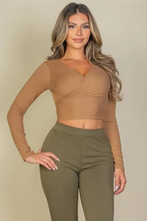 Ribbed Wrap Front Long Sleeve Top