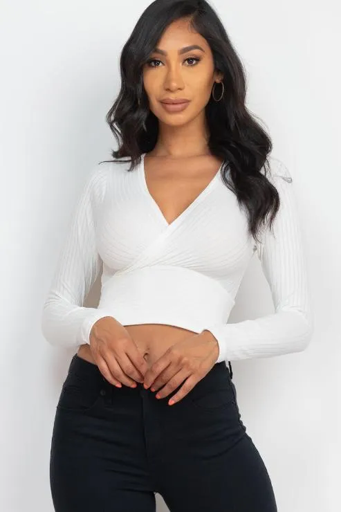 Ribbed Wrap Front Long Sleeve Top