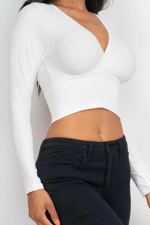 Ribbed Wrap Front Long Sleeve Top