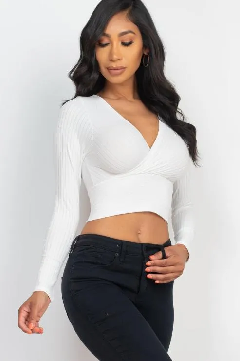 Ribbed Wrap Front Long Sleeve Top