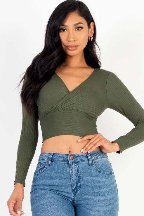 Ribbed Wrap Front Long Sleeve Top