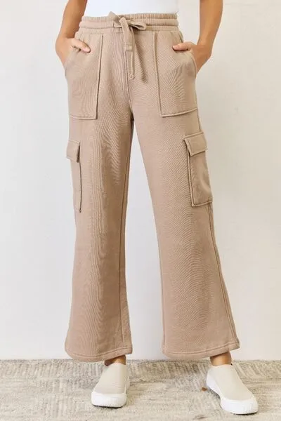 RISEN High Waist Cargo Wide Leg Pants Sand