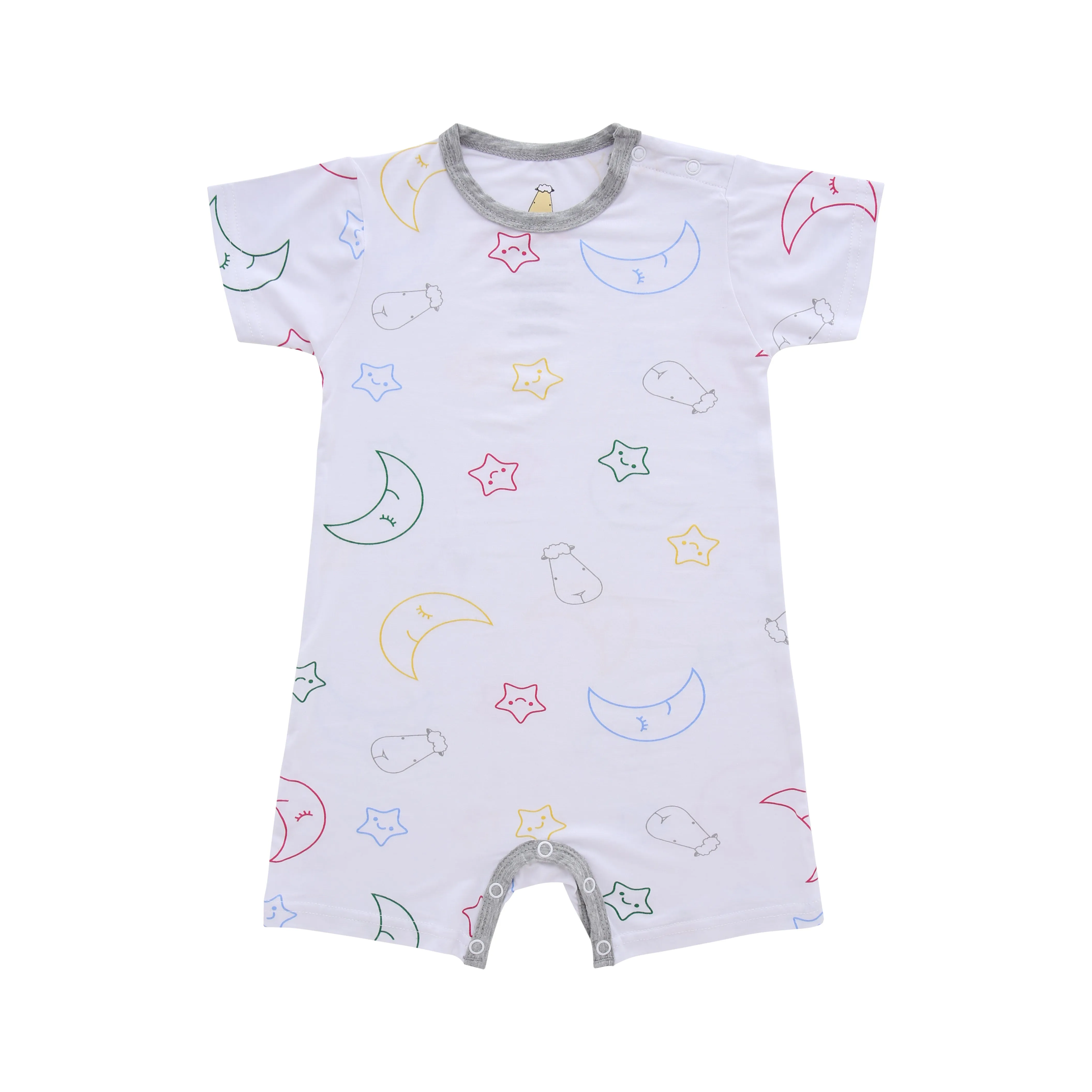 Romper Short Sleeve Colourful Moon & Star White with Grey Border