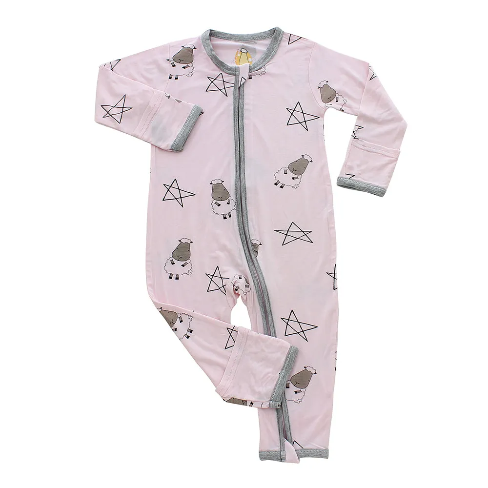 Romper Zip Big Star & Sheepz Pink with Grey Border