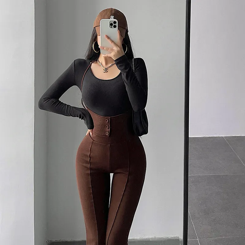 Ruby Solid Color Slim Button Up Flare Jumpsuit Pants