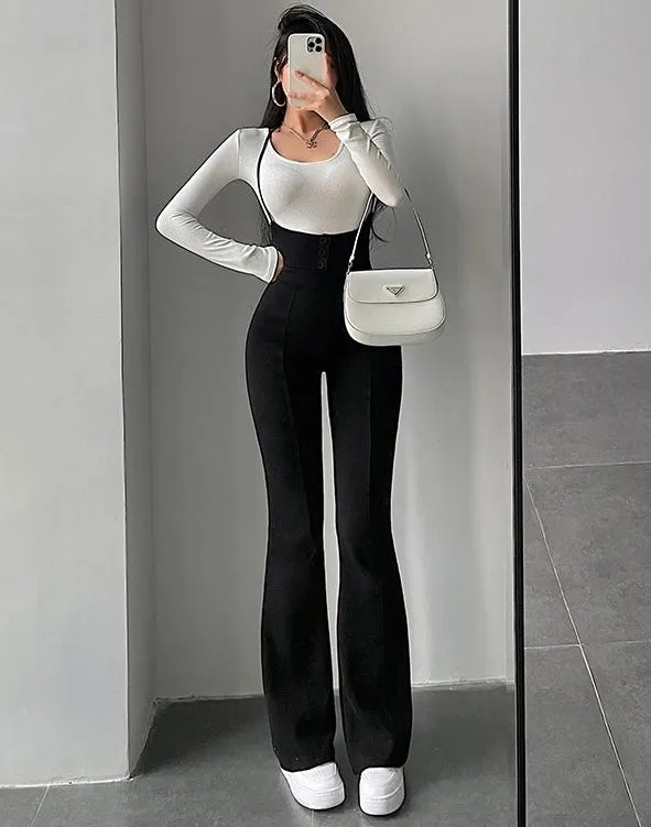 Ruby Solid Color Slim Button Up Flare Jumpsuit Pants