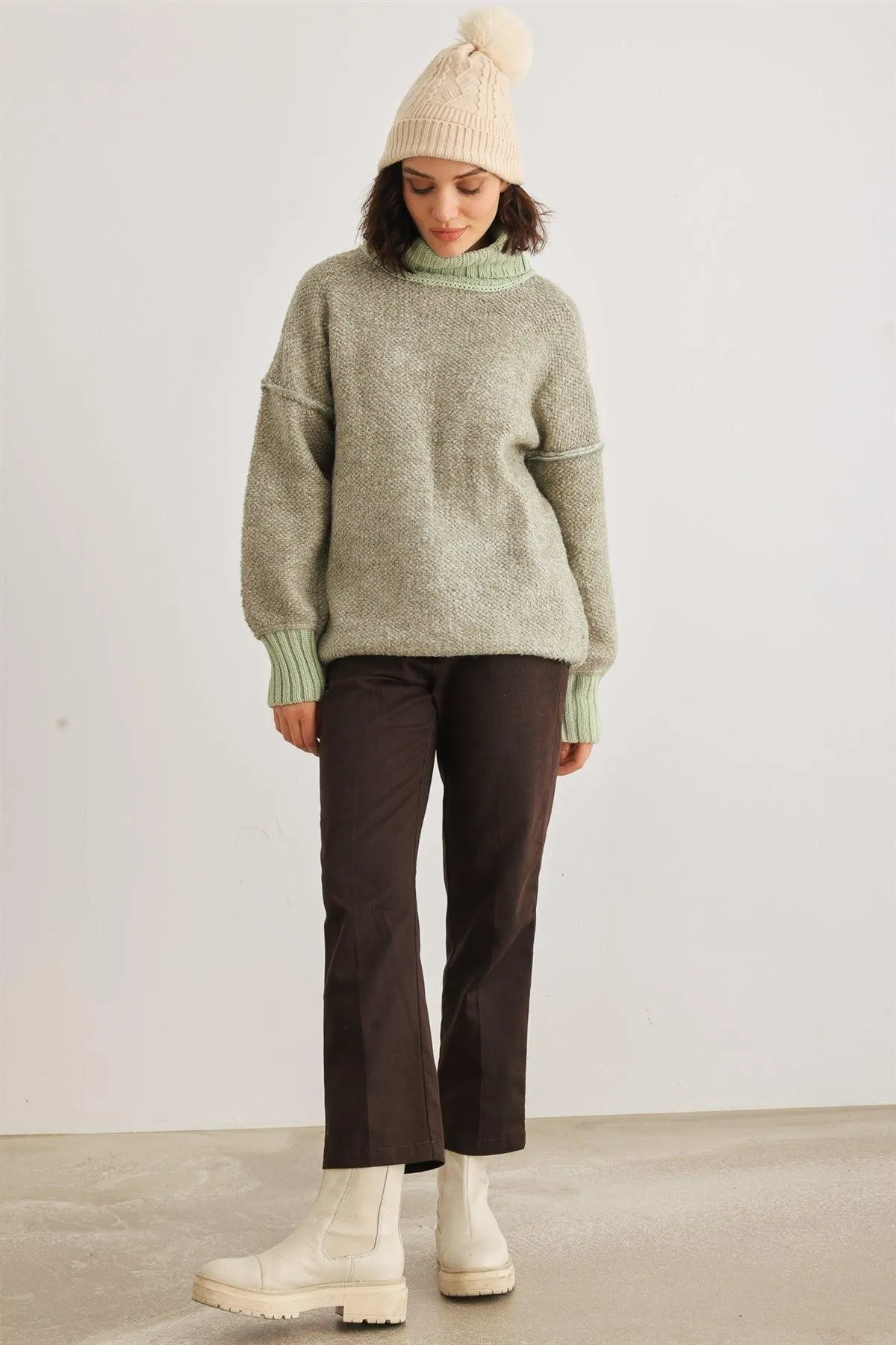 Sage Knit Turtle Neck Long Sleeve Sweater /4-2