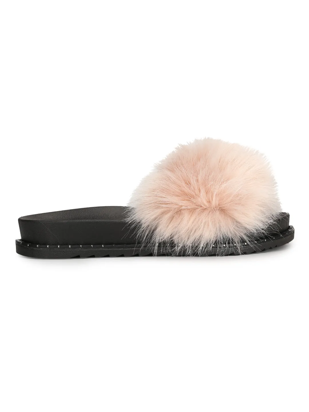 Salmon Fur Studded Slip-on Flats