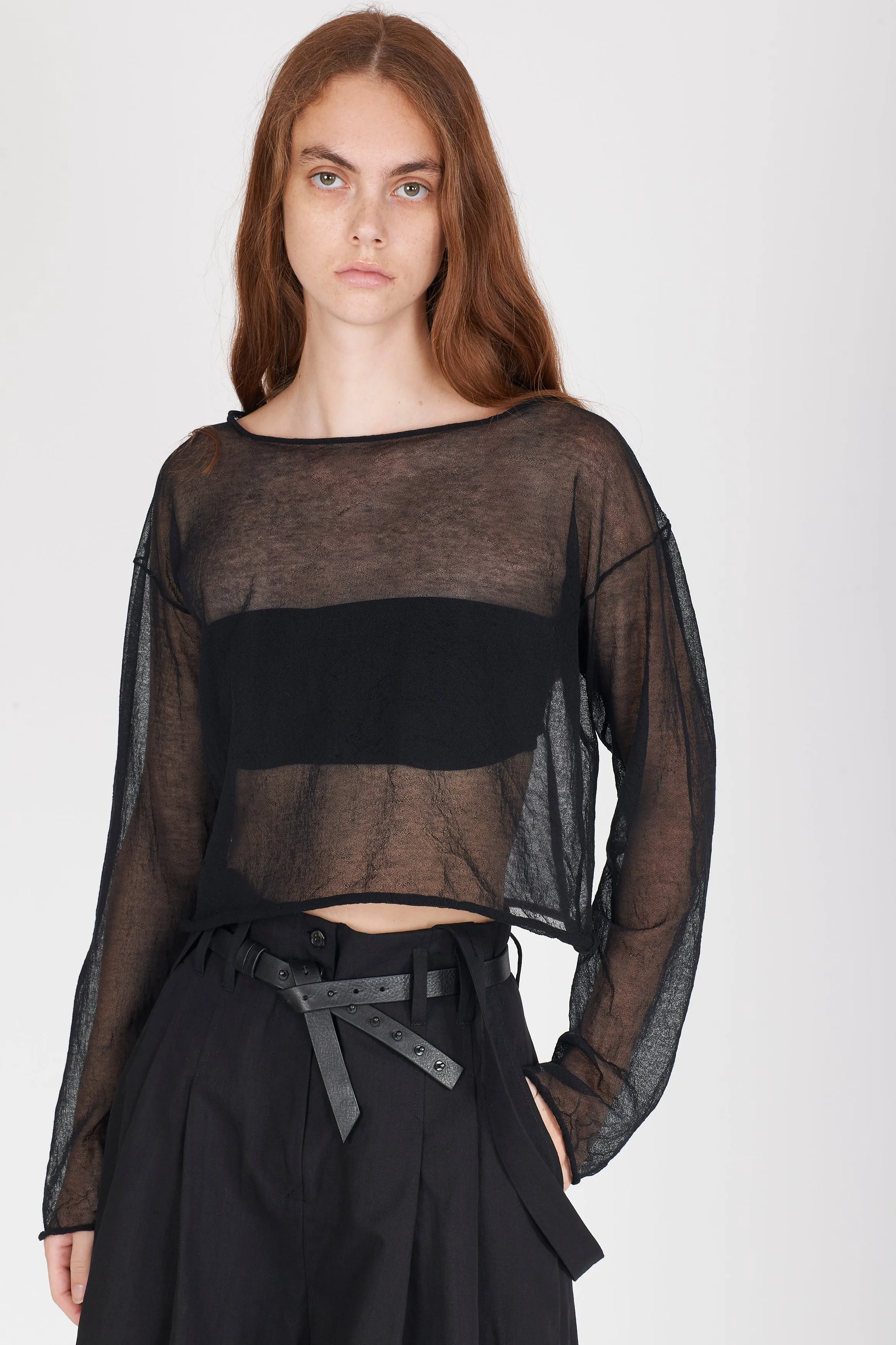 Semi-Sheer Cotton Knit Top - Black