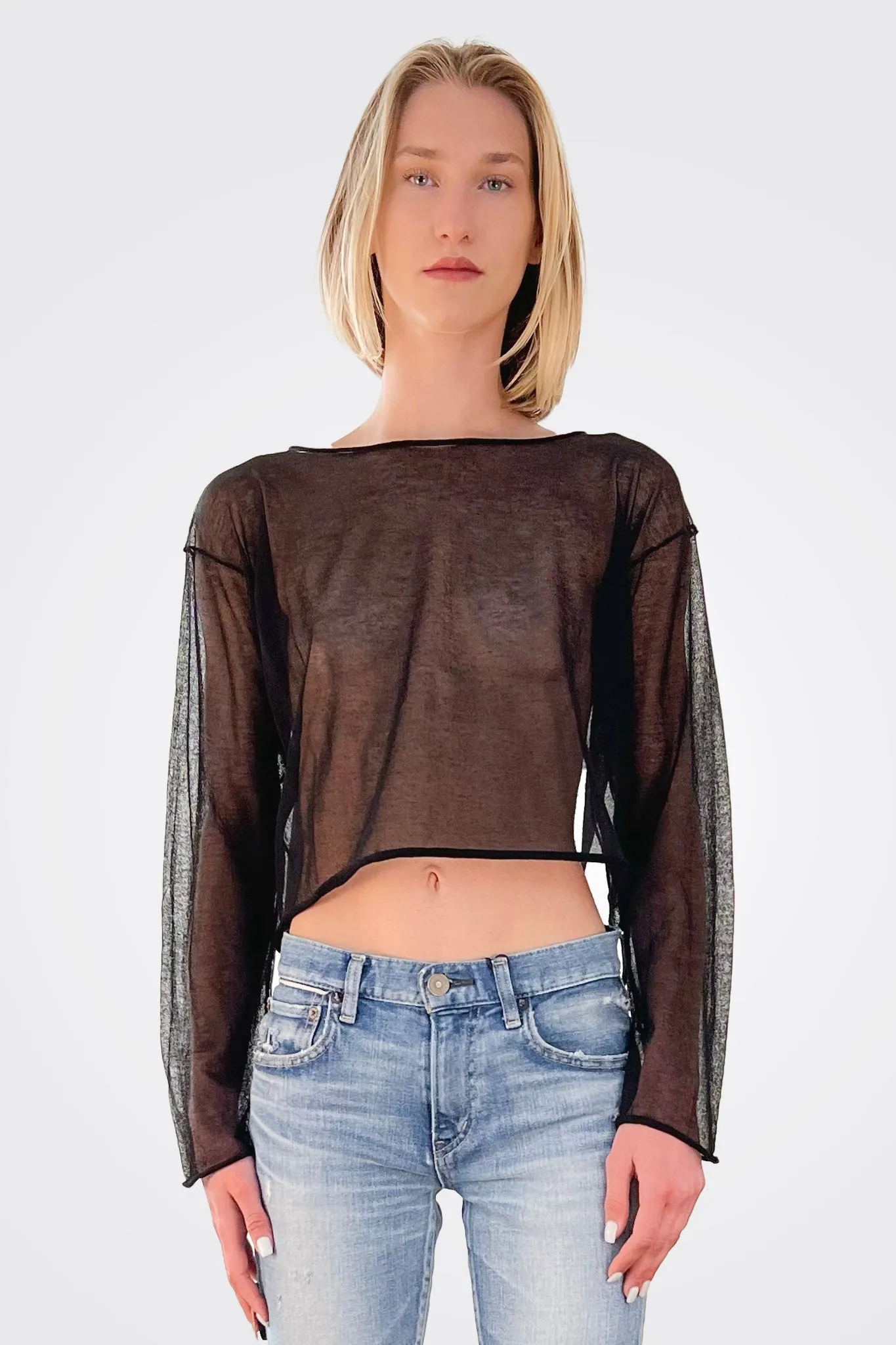 Semi-Sheer Cotton Knit Top - Black