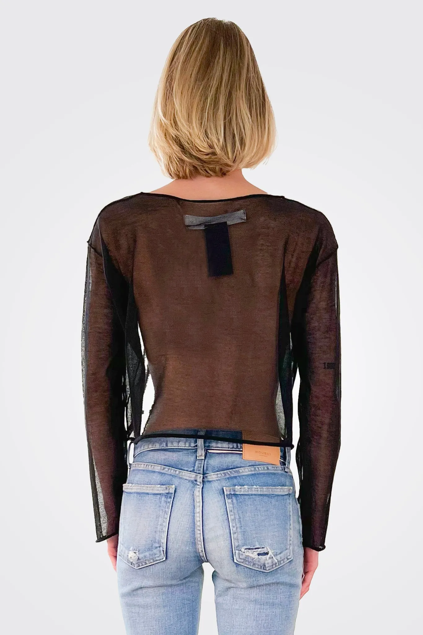 Semi-Sheer Cotton Knit Top - Black