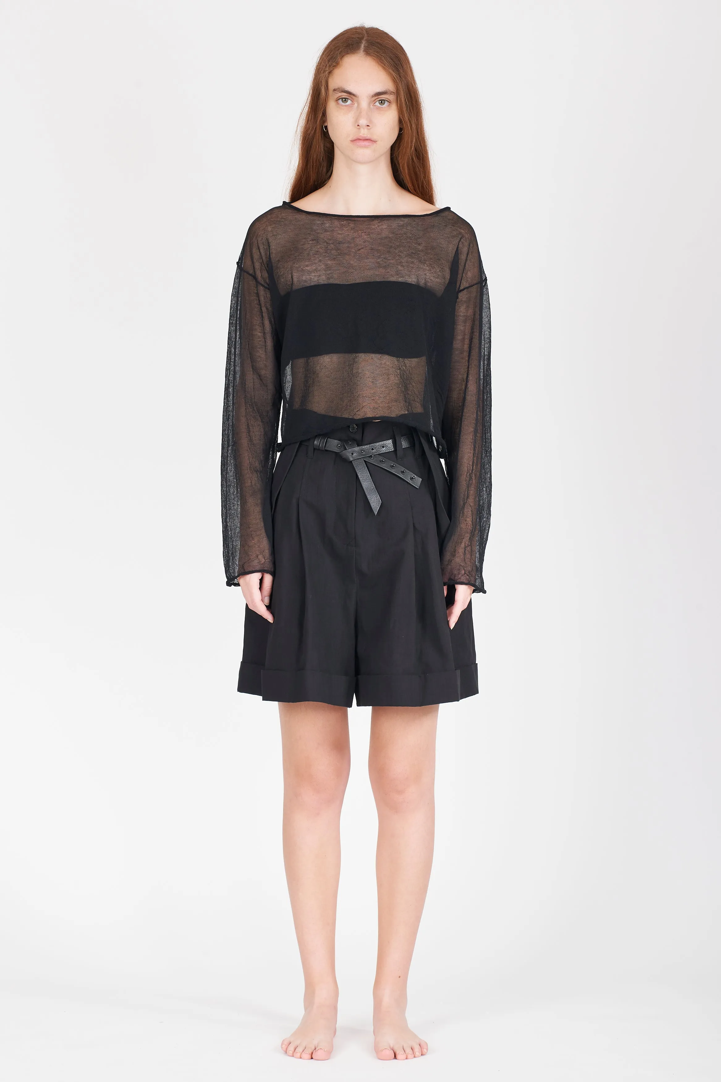 Semi-Sheer Cotton Knit Top - Black