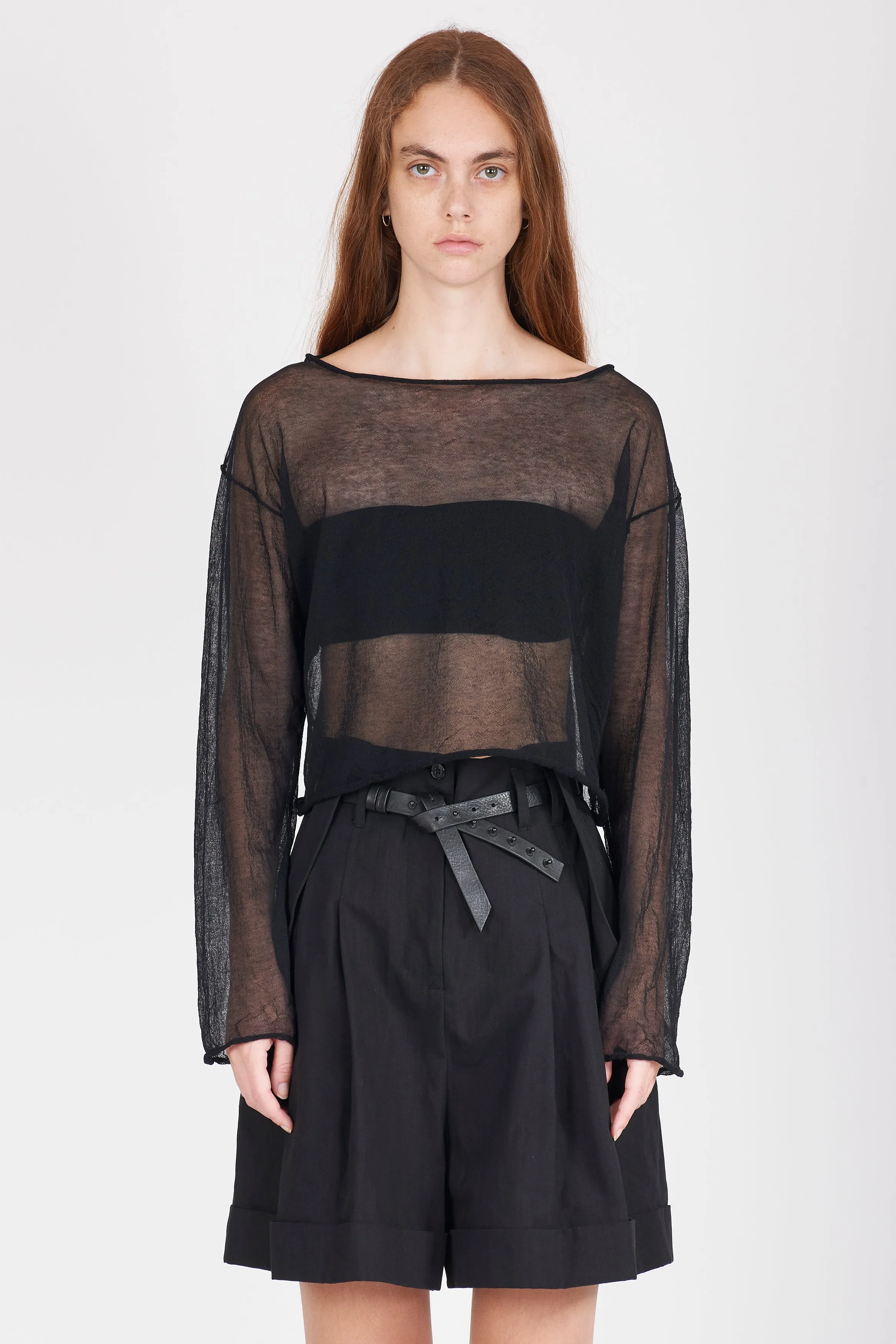 Semi-Sheer Cotton Knit Top - Black