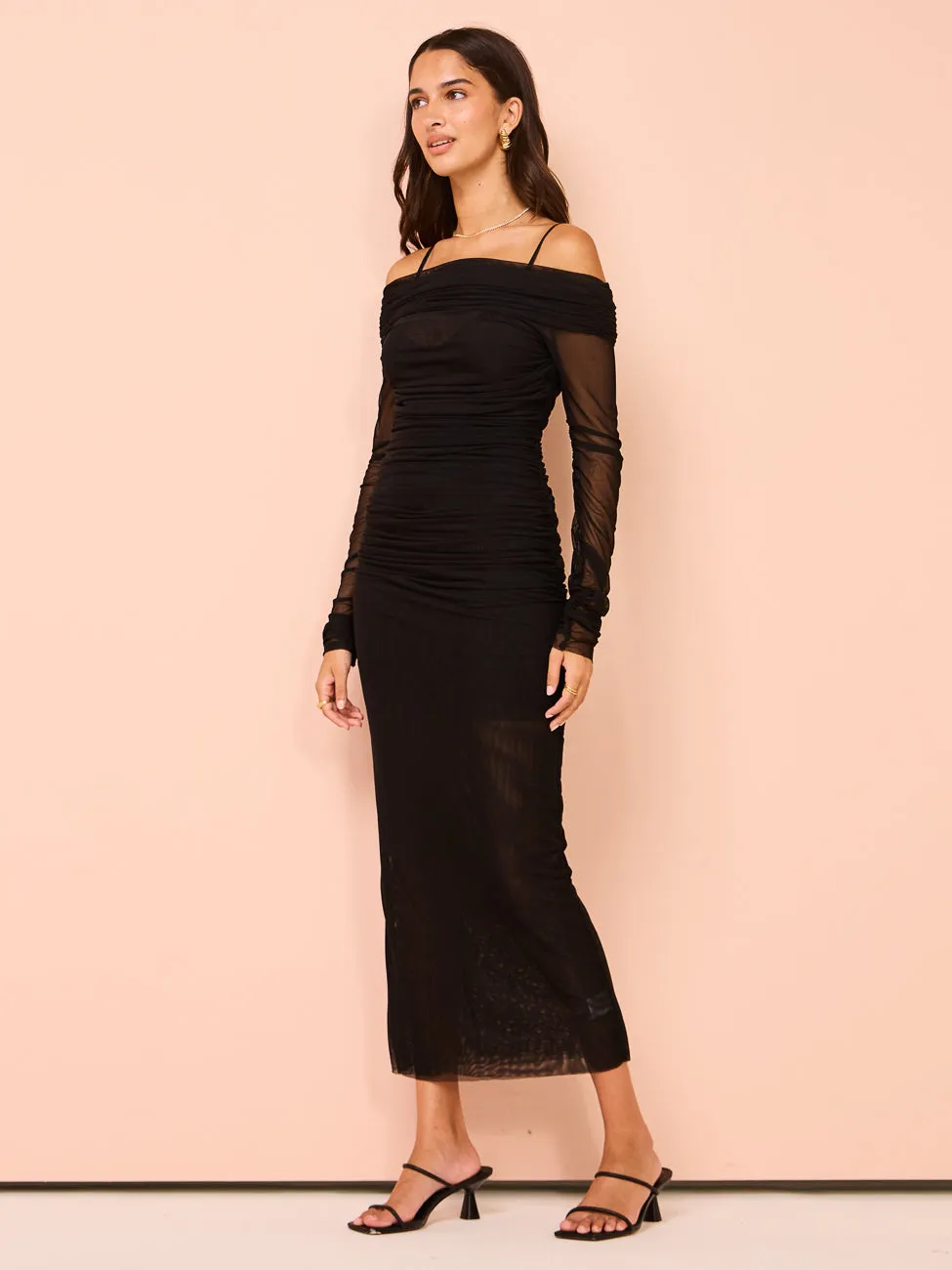 Shona Joy Mira Long Sleeve Off Shoulder Midi Dress in Black