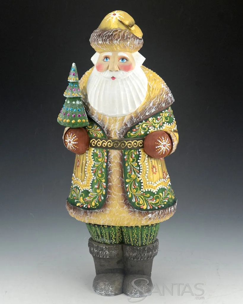 Short Coat Decorative Green Coat Russian Santa with Tree 12 inch