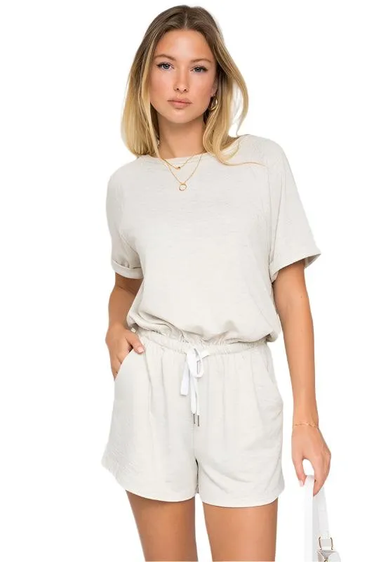 Short Sleeve Side Pocket Drawstring Romper