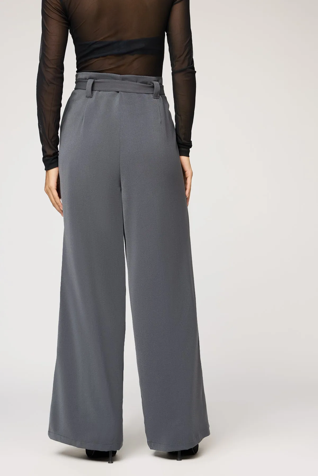 Silken Grey Belted Flared Korean Pants