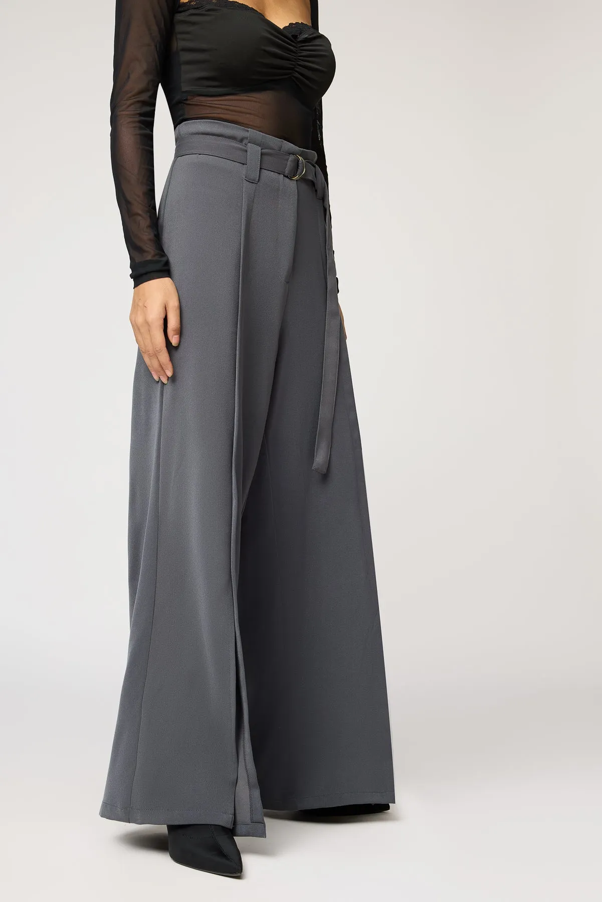 Silken Grey Belted Flared Korean Pants