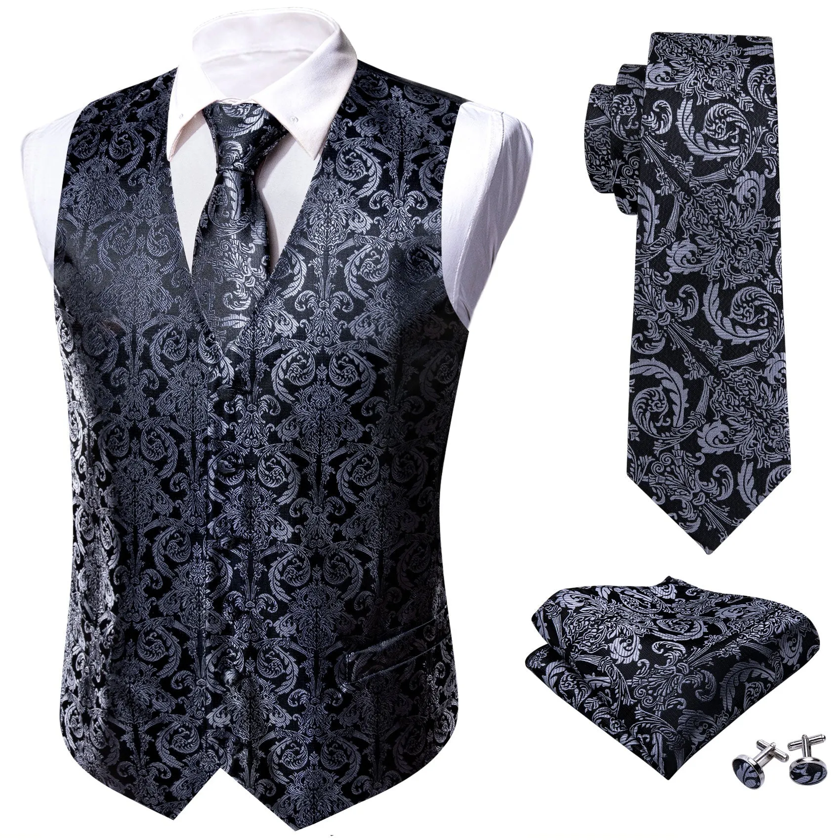 Silver Black Floral Jacquard Silk Men's Vest Hanky Cufflinks Tie Set