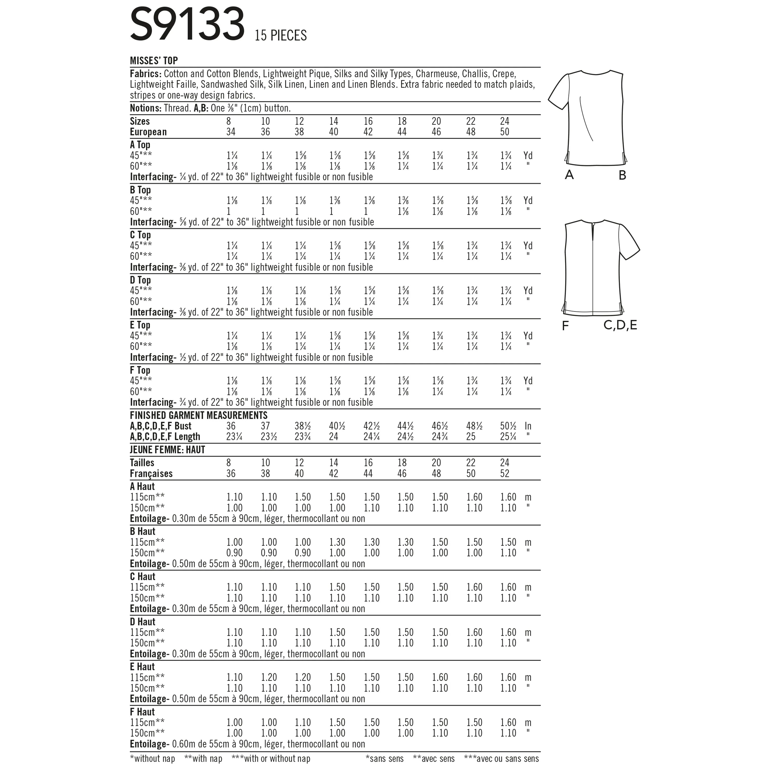 Simplicity Sewing Pattern S9133 Misses' Tops