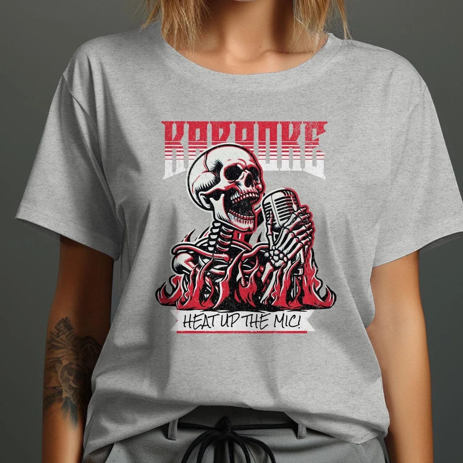 Skeleton Karaoke Singer T-Shirt, Heat Up the Mic, Punk Rock Style Tee, Unique Music Graphic Shirt