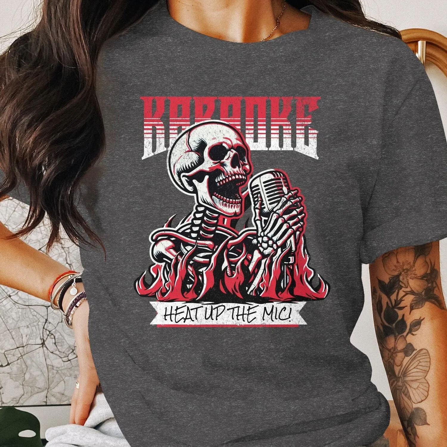 Skeleton Karaoke Singer T-Shirt, Heat Up the Mic, Punk Rock Style Tee, Unique Music Graphic Shirt