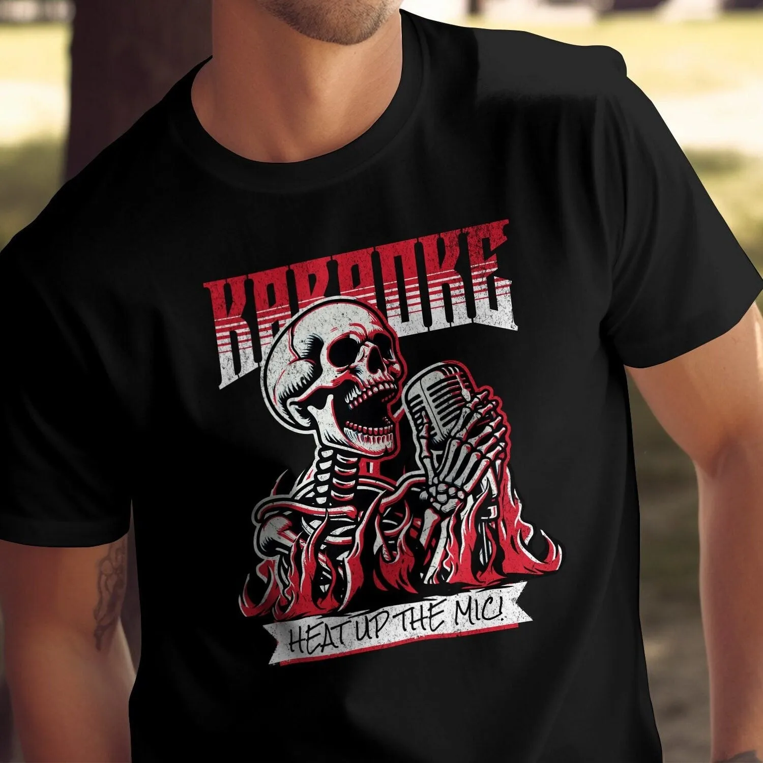 Skeleton Karaoke Singer T-Shirt, Heat Up the Mic, Punk Rock Style Tee, Unique Music Graphic Shirt