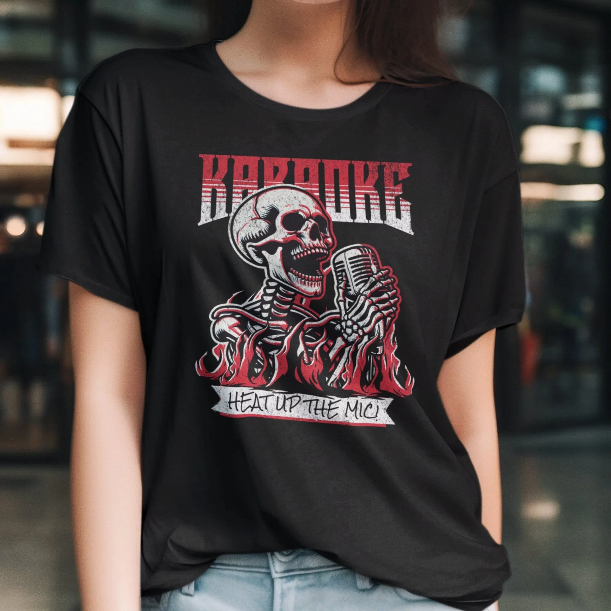 Skeleton Karaoke Singer T-Shirt, Heat Up the Mic, Punk Rock Style Tee, Unique Music Graphic Shirt