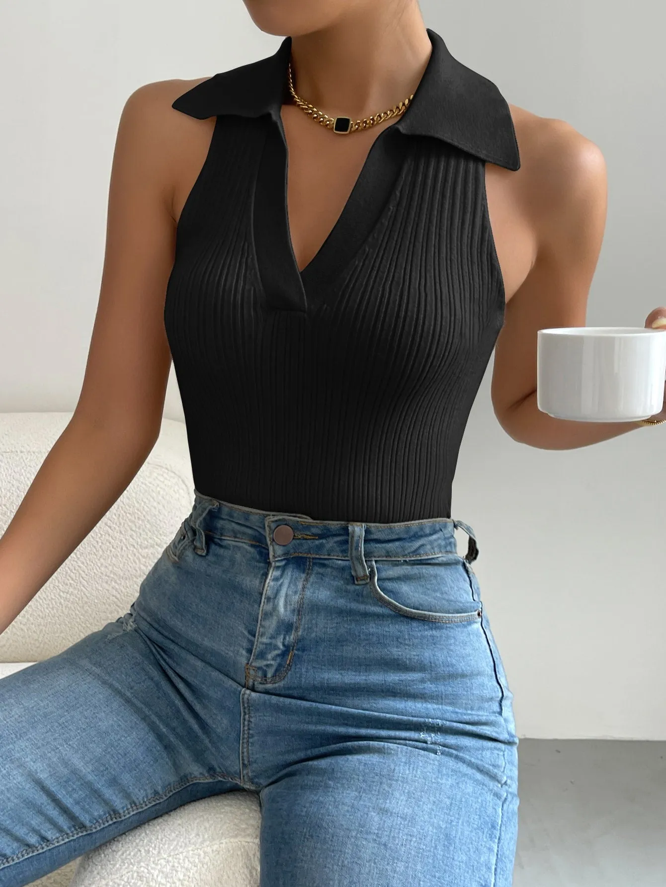 Solid Collared Ribbed Tank Knit Top