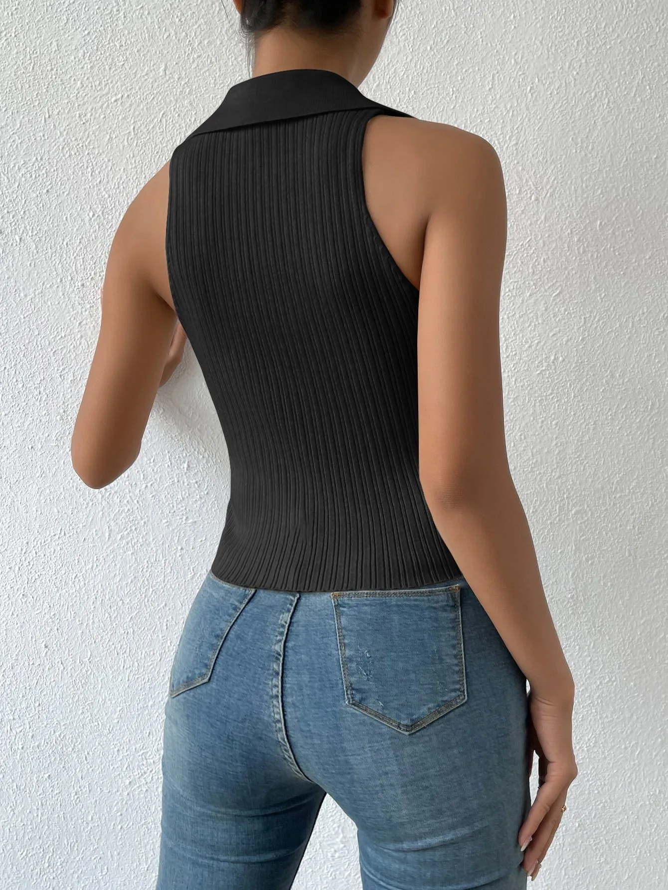 Solid Collared Ribbed Tank Knit Top