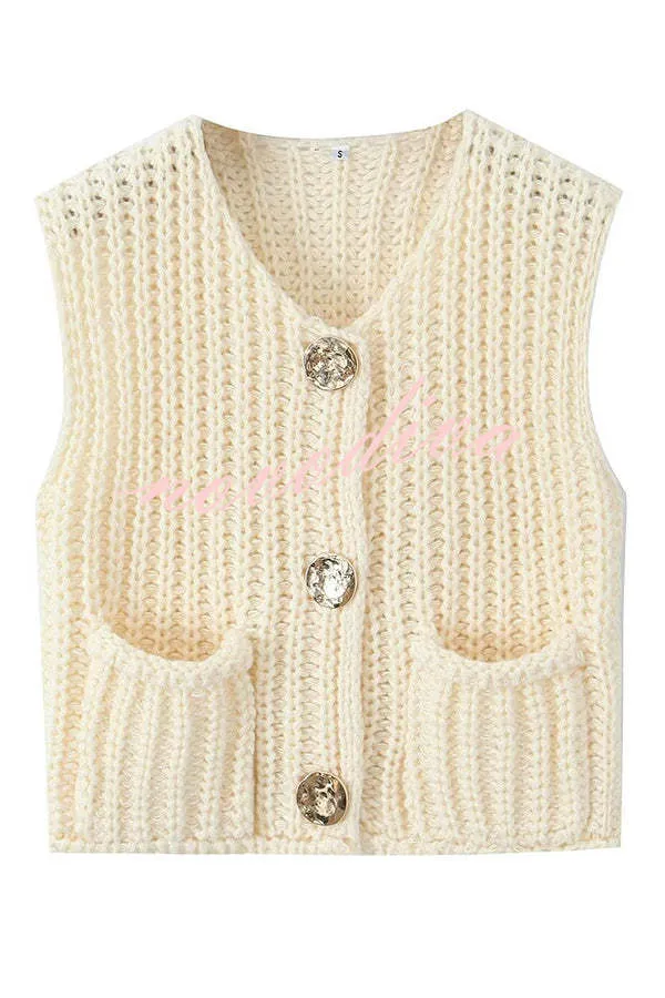 Solid Color Sleeveless Pocket Knitted Vest