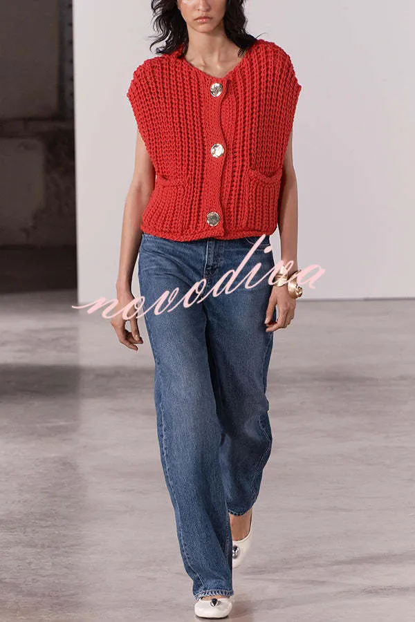 Solid Color Sleeveless Pocket Knitted Vest