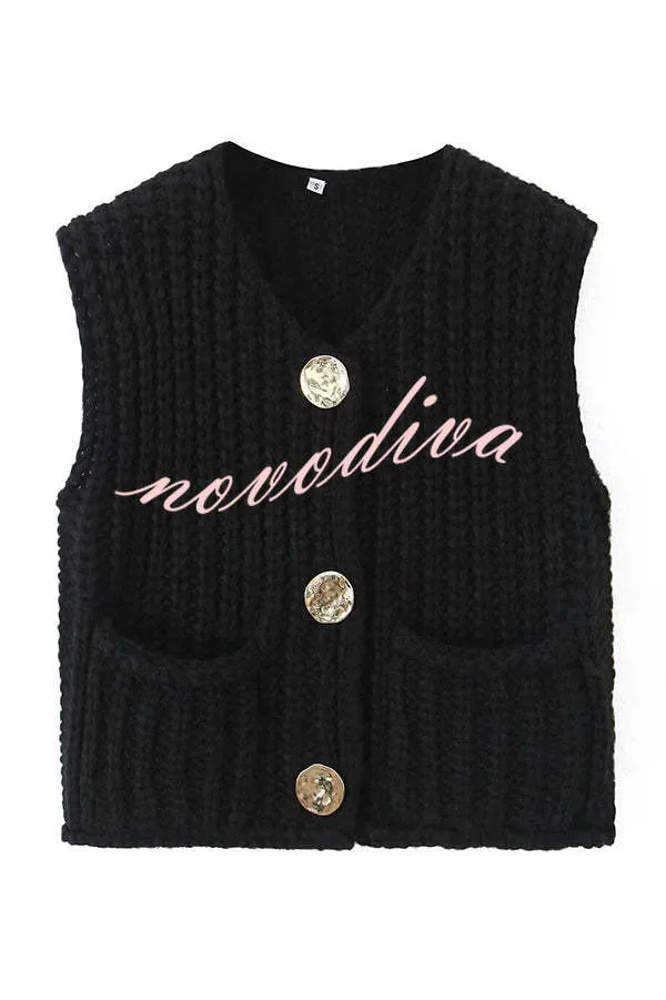 Solid Color Sleeveless Pocket Knitted Vest