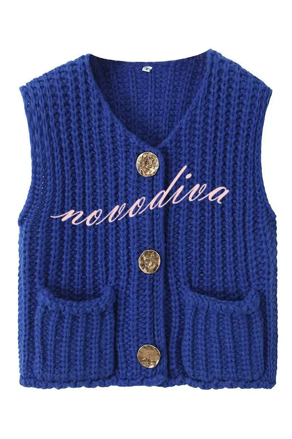 Solid Color Sleeveless Pocket Knitted Vest