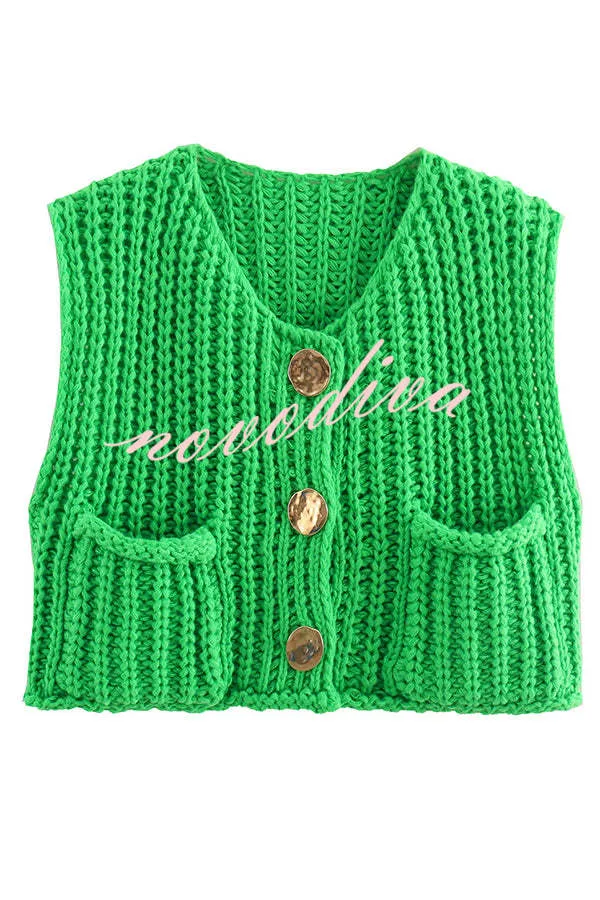 Solid Color Sleeveless Pocket Knitted Vest