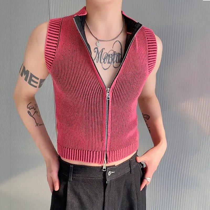 Stand Collar Zipper Short Knitted Stretch Vest