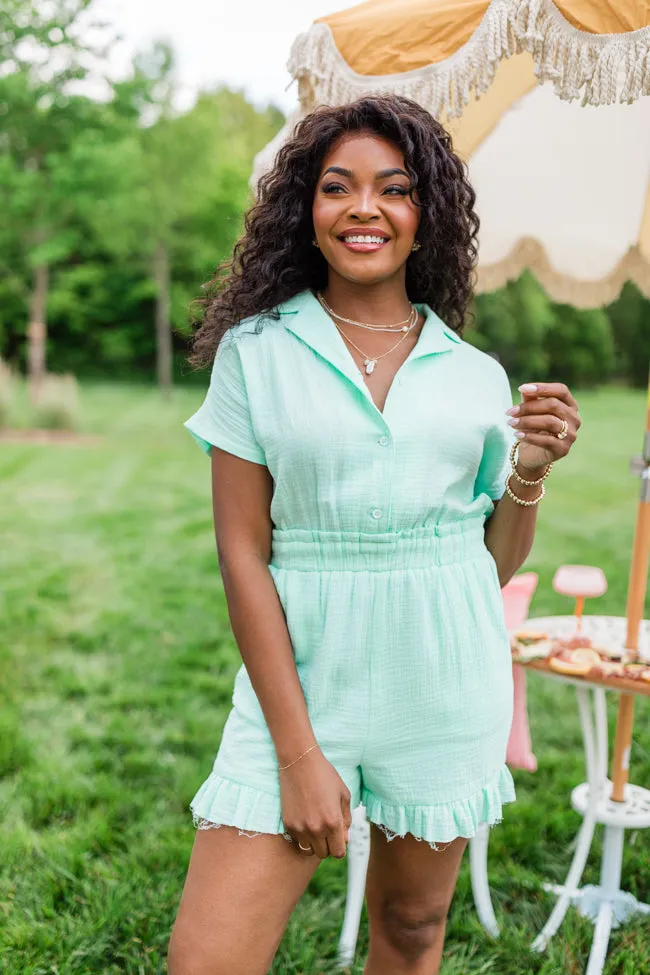 Stop And Stare Mint Flutter Hem Collared Romper