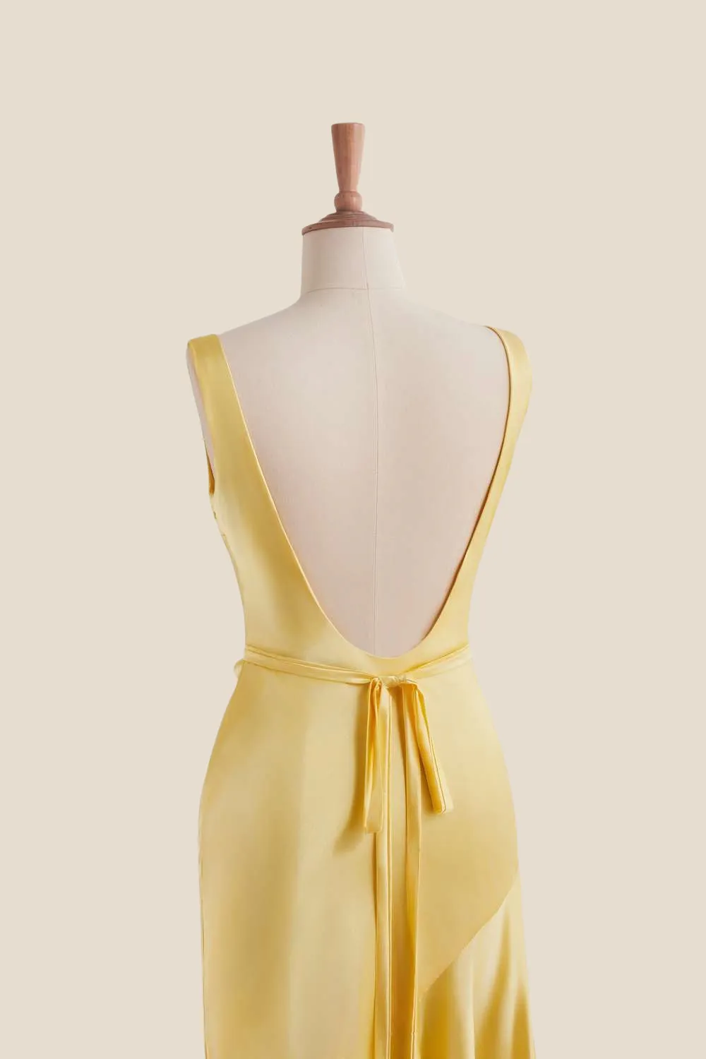 Straps Yellow Open Back Long Dress with Belt